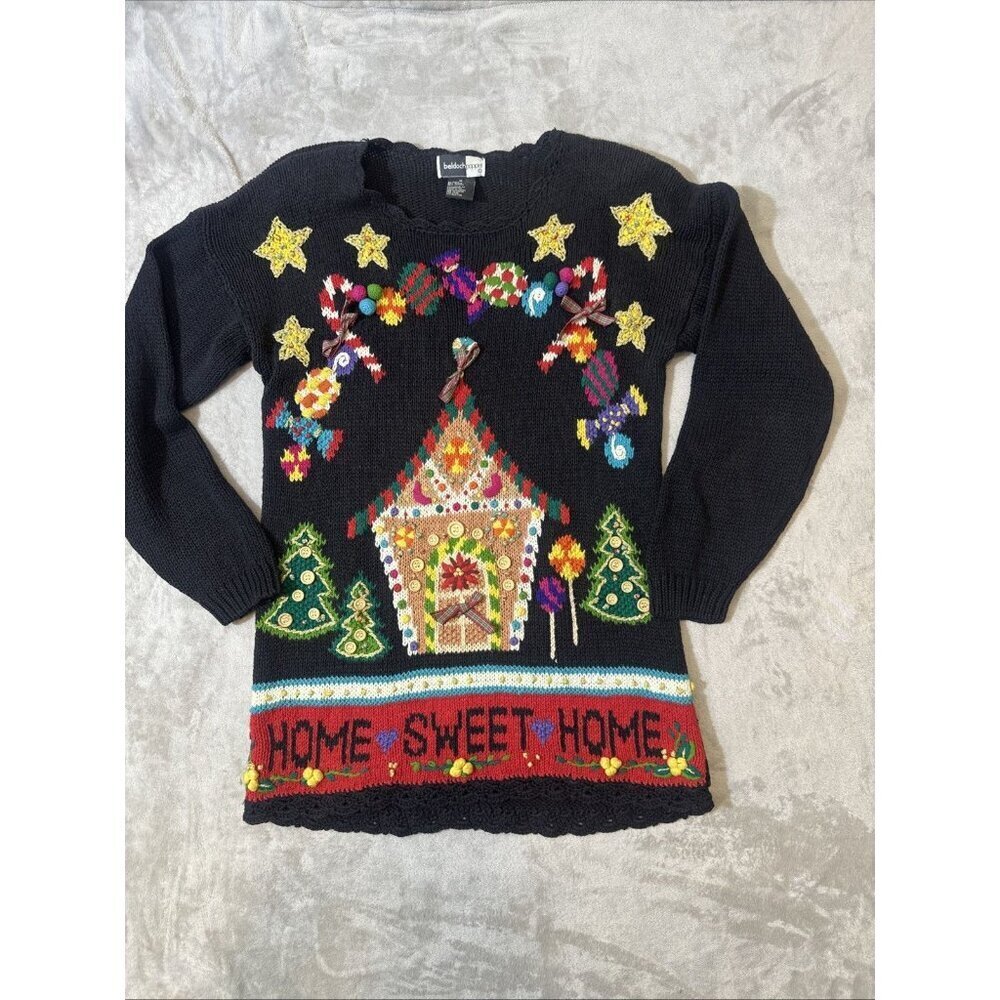Beldoch Popper Home Sweet Home Ugly Christmas Sweater Women’s GrannyCore Medium